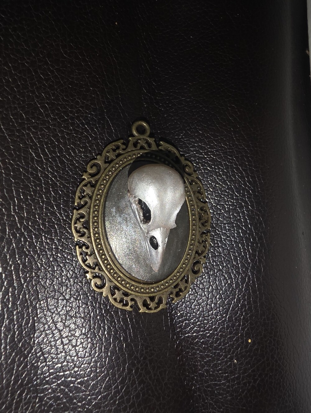 Raven Skull Necklace Pendant Inside A Bronze Tone Frame